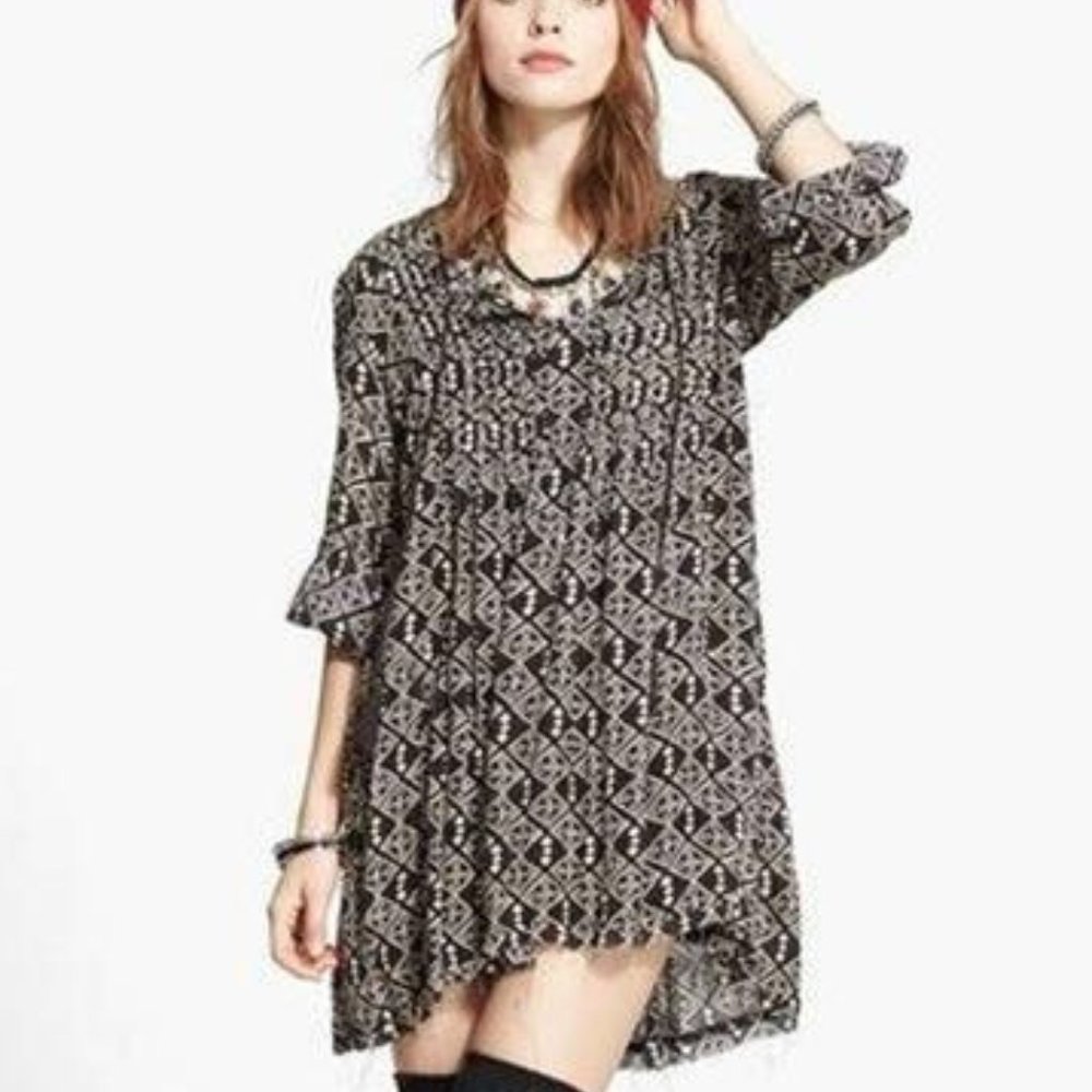 Free People Boho Marlow Pintuck Black & White Geo Print Dress Size S
